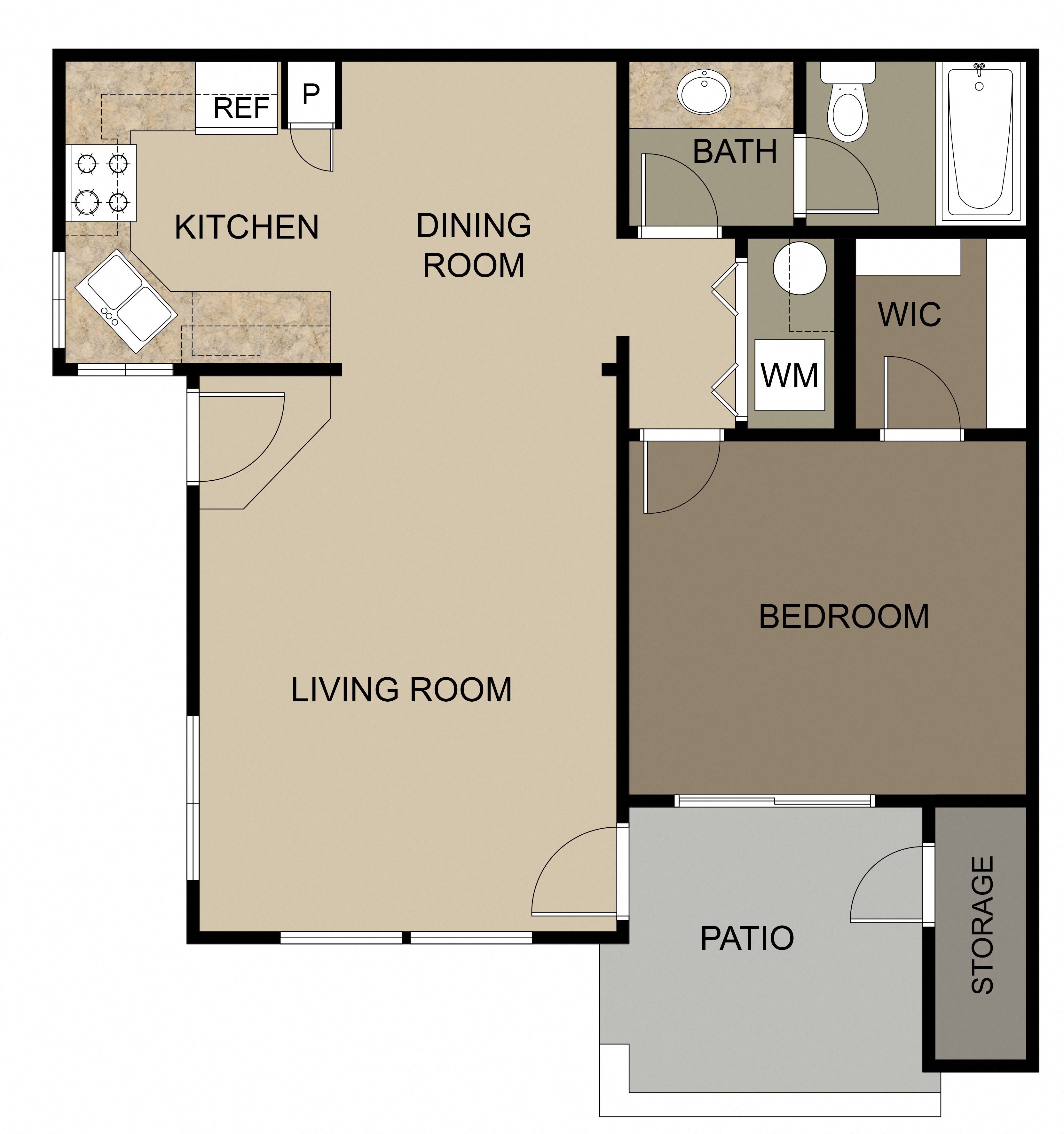 Floor plan for 1 bed, 1 bath, 689 sqft
